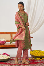 Rose Green Crush Silk Kameez With Pant For Indian & Pakistani Wedding Festival - Embroidery Work, Mirror Work