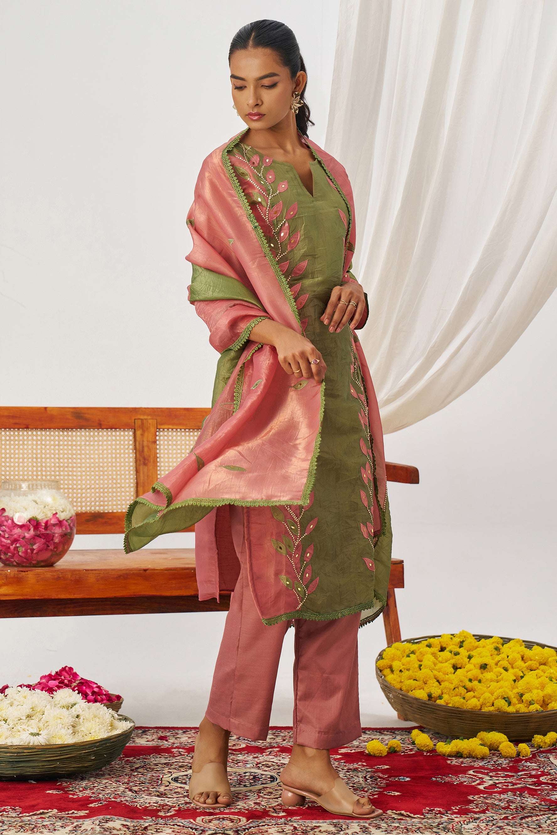Rose Green Crush Silk Kameez With Pant For Indian & Pakistani Wedding Festival - Embroidery Work, Mirror Work