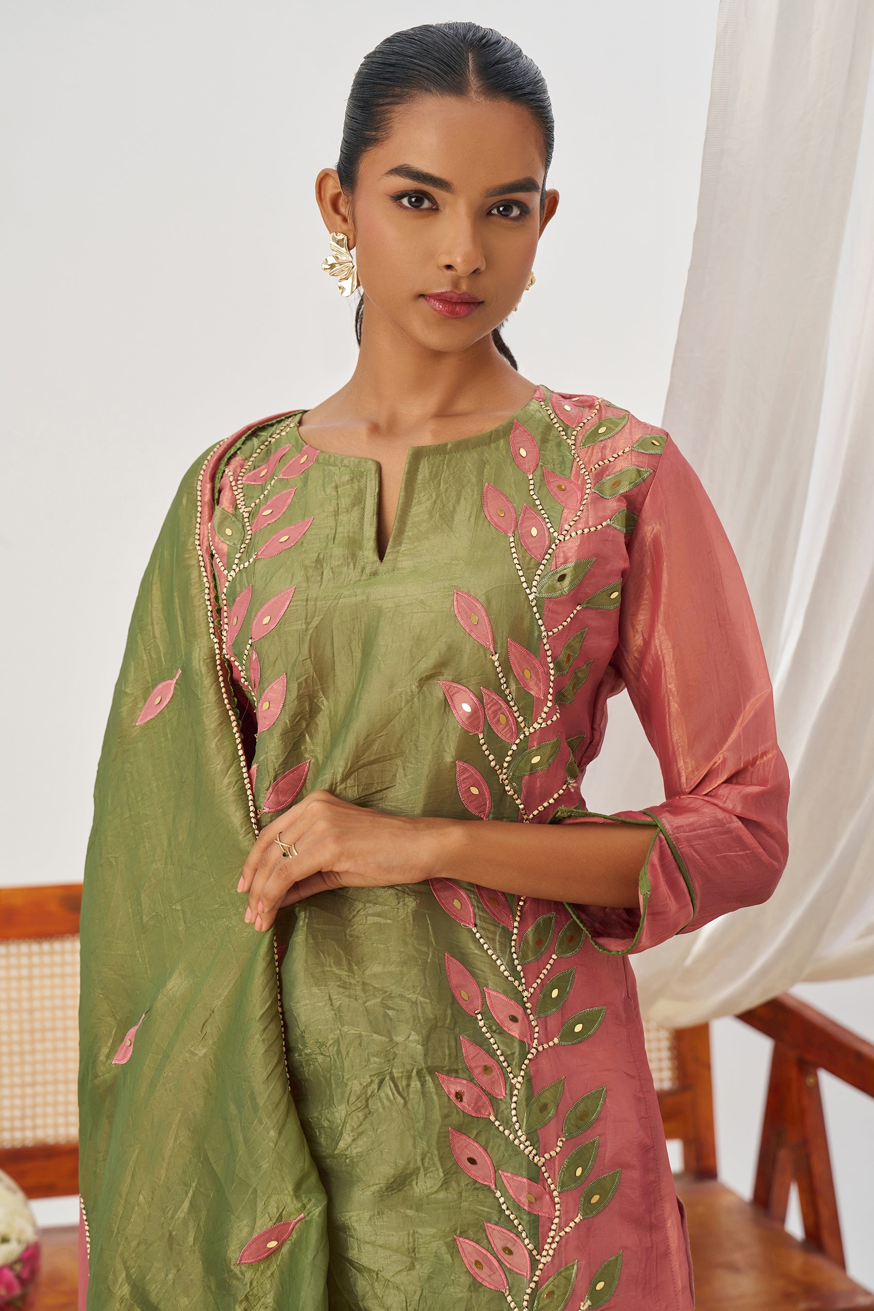 Rose Green Crush Silk Kameez With Pant For Indian & Pakistani Wedding Festival - Embroidery Work, Mirror Work