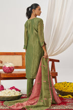 Olive Green Crush Silk Kameez With Pant For Indian & Pakistani Wedding Festival - Embroidery Work, Mirror Work
