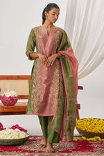 Olive Green Crush Silk Kameez With Pant For Indian & Pakistani Wedding Festival - Embroidery Work, Mirror Work