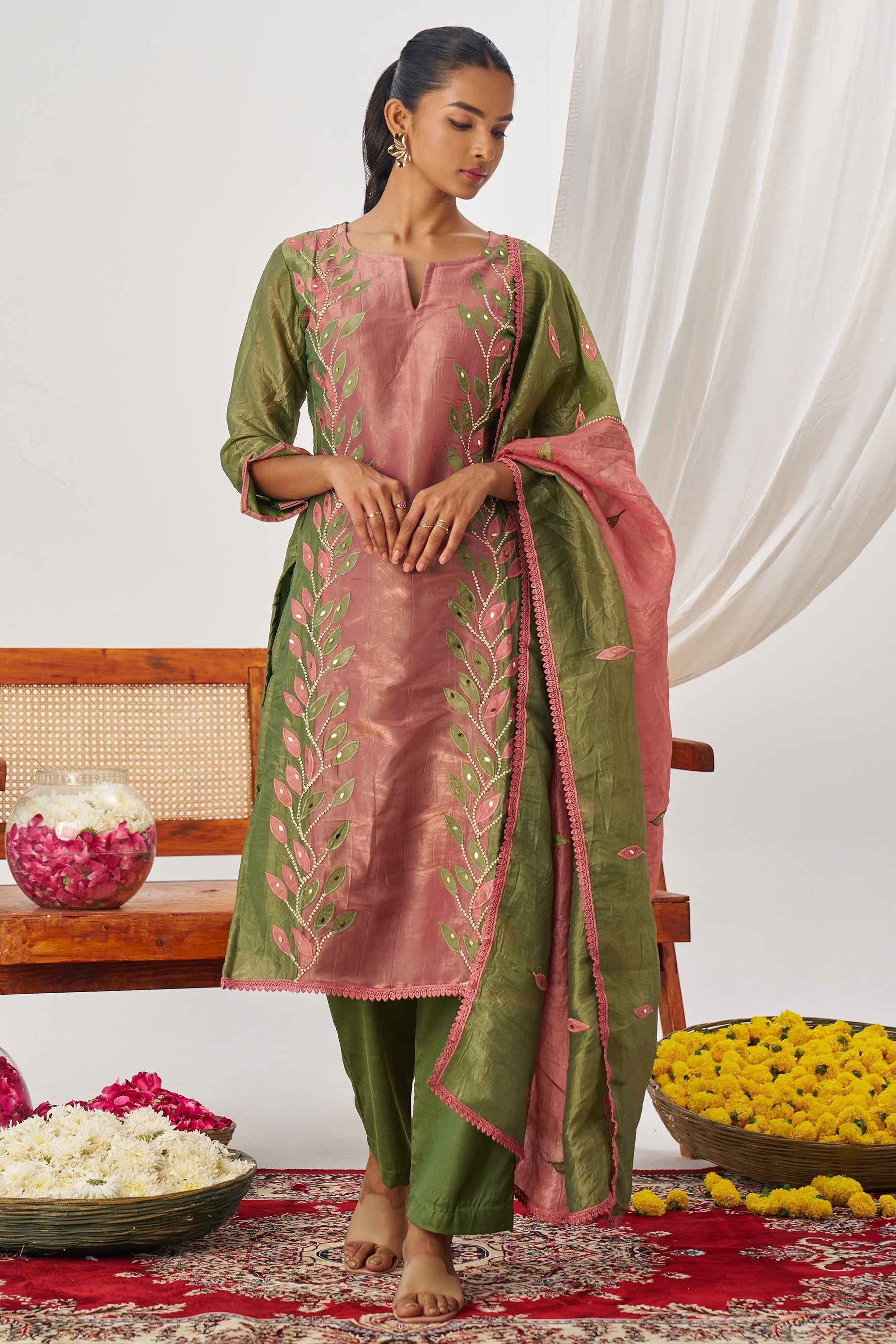 Olive Green Crush Silk Kameez With Pant For Indian & Pakistani Wedding Festival - Embroidery Work, Mirror Work