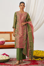 Olive Green Crush Silk Kameez With Pant For Indian & Pakistani Wedding Festival - Embroidery Work, Mirror Work
