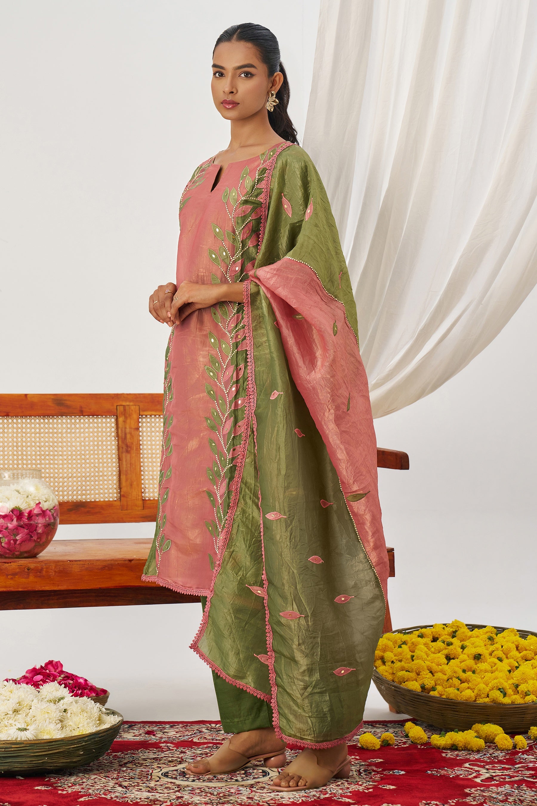 Olive Green Crush Silk Kameez With Pant For Indian & Pakistani Wedding Festival - Embroidery Work, Mirror Work