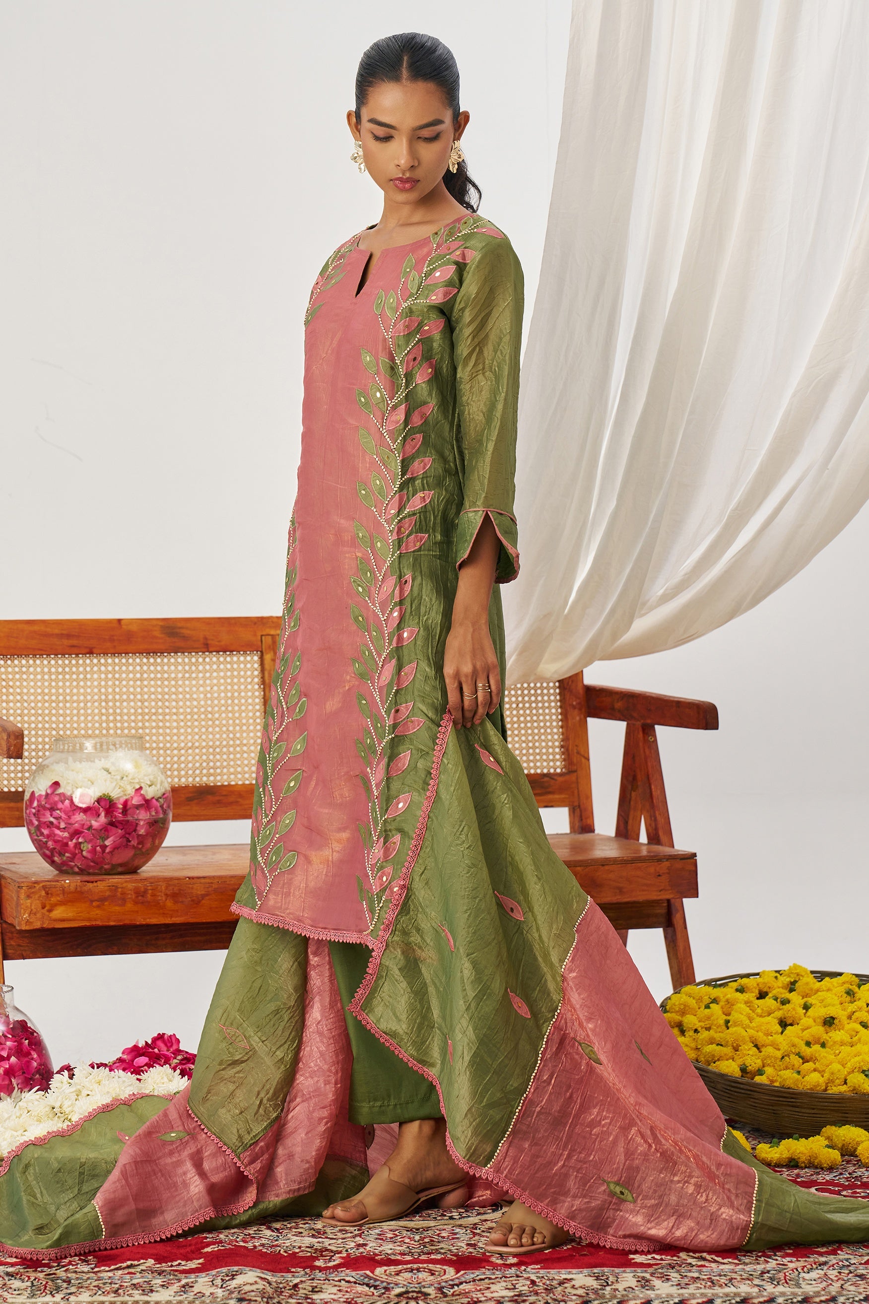Olive Green Crush Silk Kameez With Pant For Indian & Pakistani Wedding Festival - Embroidery Work, Mirror Work