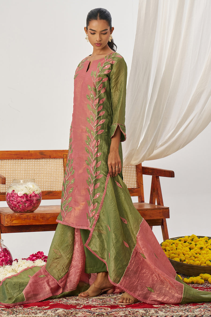 Olive Green Crush Silk Kameez With Pant For Indian & Pakistani Wedding Festival - Embroidery Work, Mirror Work