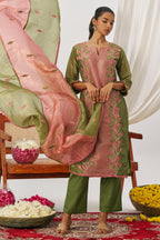Olive Green Crush Silk Kameez With Pant For Indian & Pakistani Wedding Festival - Embroidery Work, Mirror Work