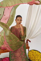 Olive Green Crush Silk Kameez With Pant For Indian & Pakistani Wedding Festival - Embroidery Work, Mirror Work