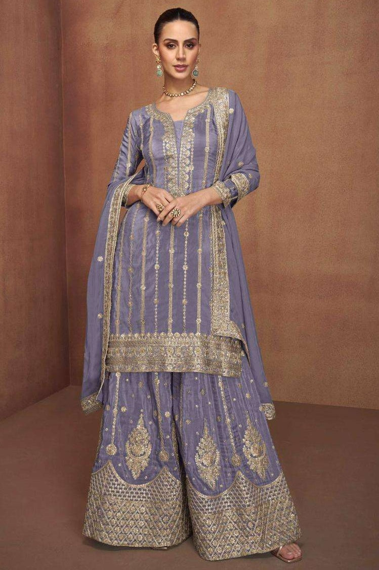 Mauve Shimmer Silk Plazo Suit For Indian & Pakistani Wedding Festival - Embroidery Work