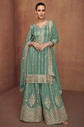 Teal Shimmer Silk Plazo Suit For Indian & Pakistani Wedding Festival - Embroidery Work
