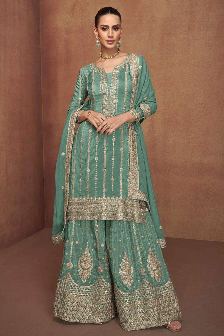 Teal Shimmer Silk Plazo Suit For Indian & Pakistani Wedding Festival - Embroidery Work