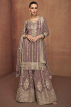 Brown Shimmer Silk Plazo Suit For Indian & Pakistani Wedding Festival - Embroidery Work