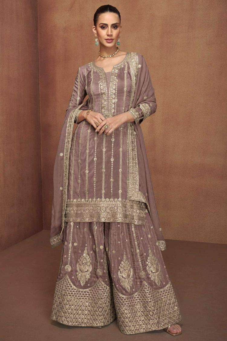 Brown Shimmer Silk Plazo Suit For Indian & Pakistani Wedding Festival - Embroidery Work