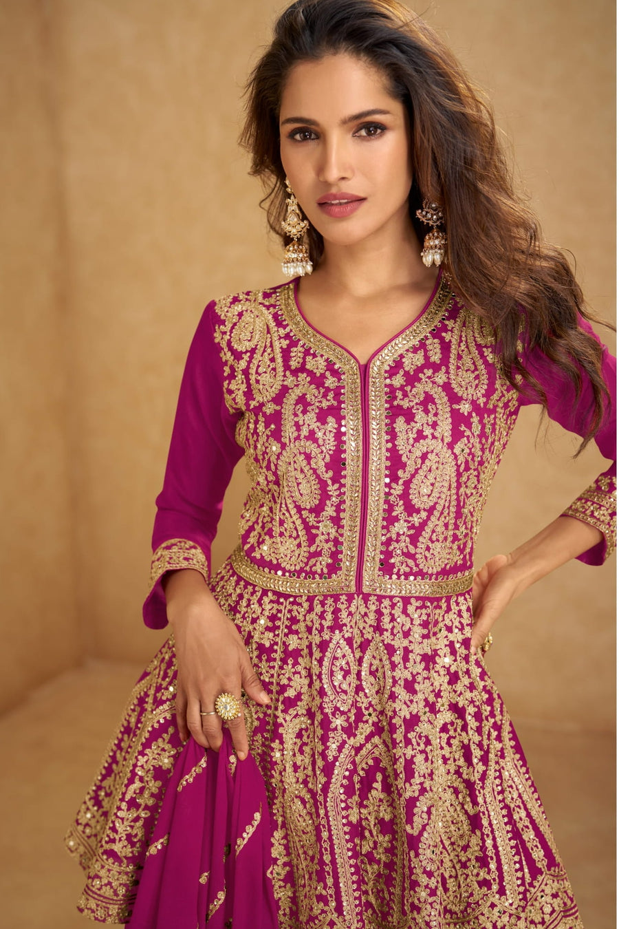 Magenta Chinon Silk Kameez With Skirt For Indian & Pakistani Wedding Festival - Embroidery Work, Real Mirror Work