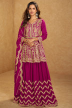 Magenta Chinon Silk Kameez With Skirt For Indian & Pakistani Wedding Festival - Embroidery Work, Real Mirror Work