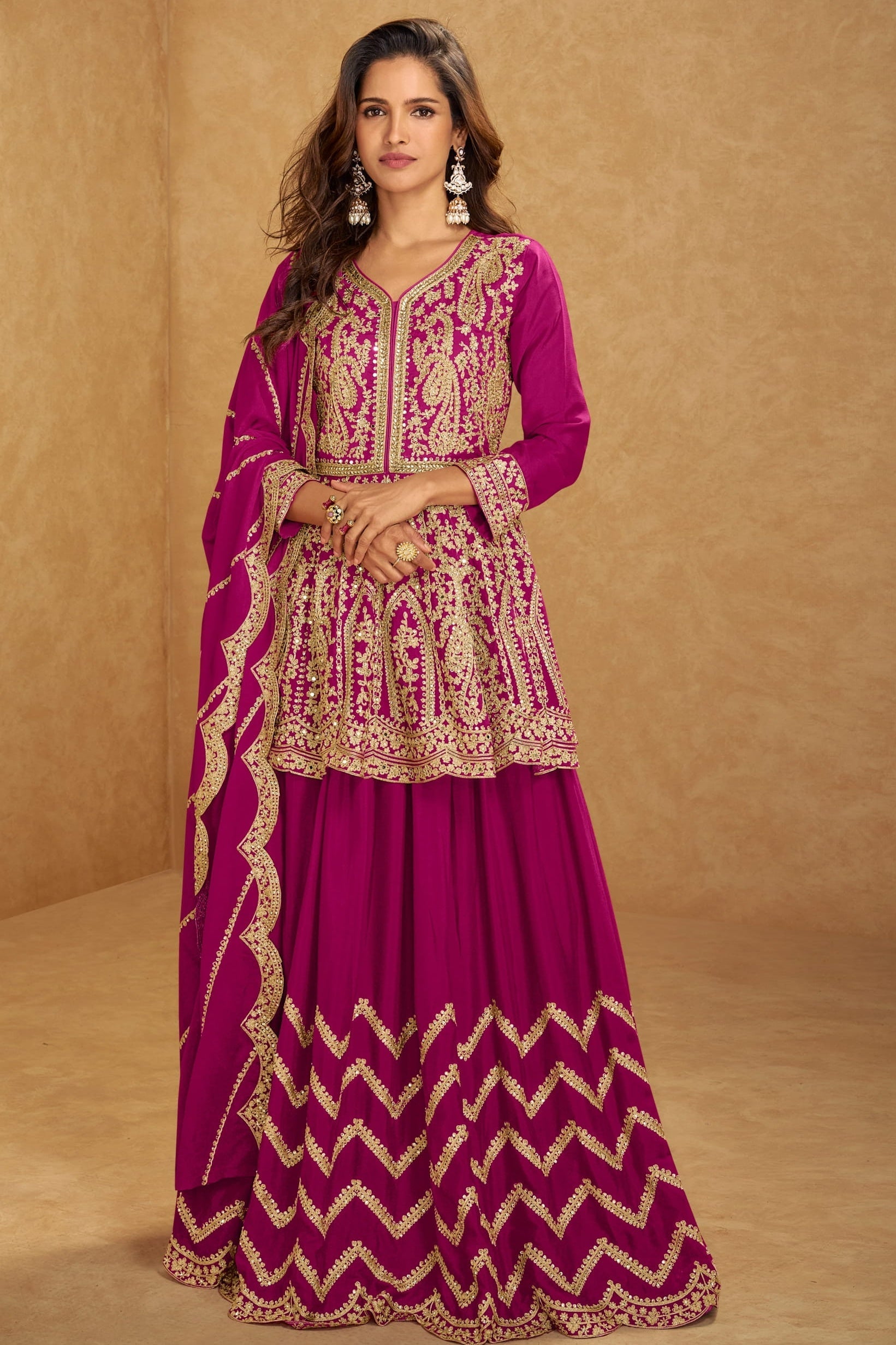 Magenta Chinon Silk Kameez With Skirt For Indian & Pakistani Wedding Festival - Embroidery Work, Real Mirror Work