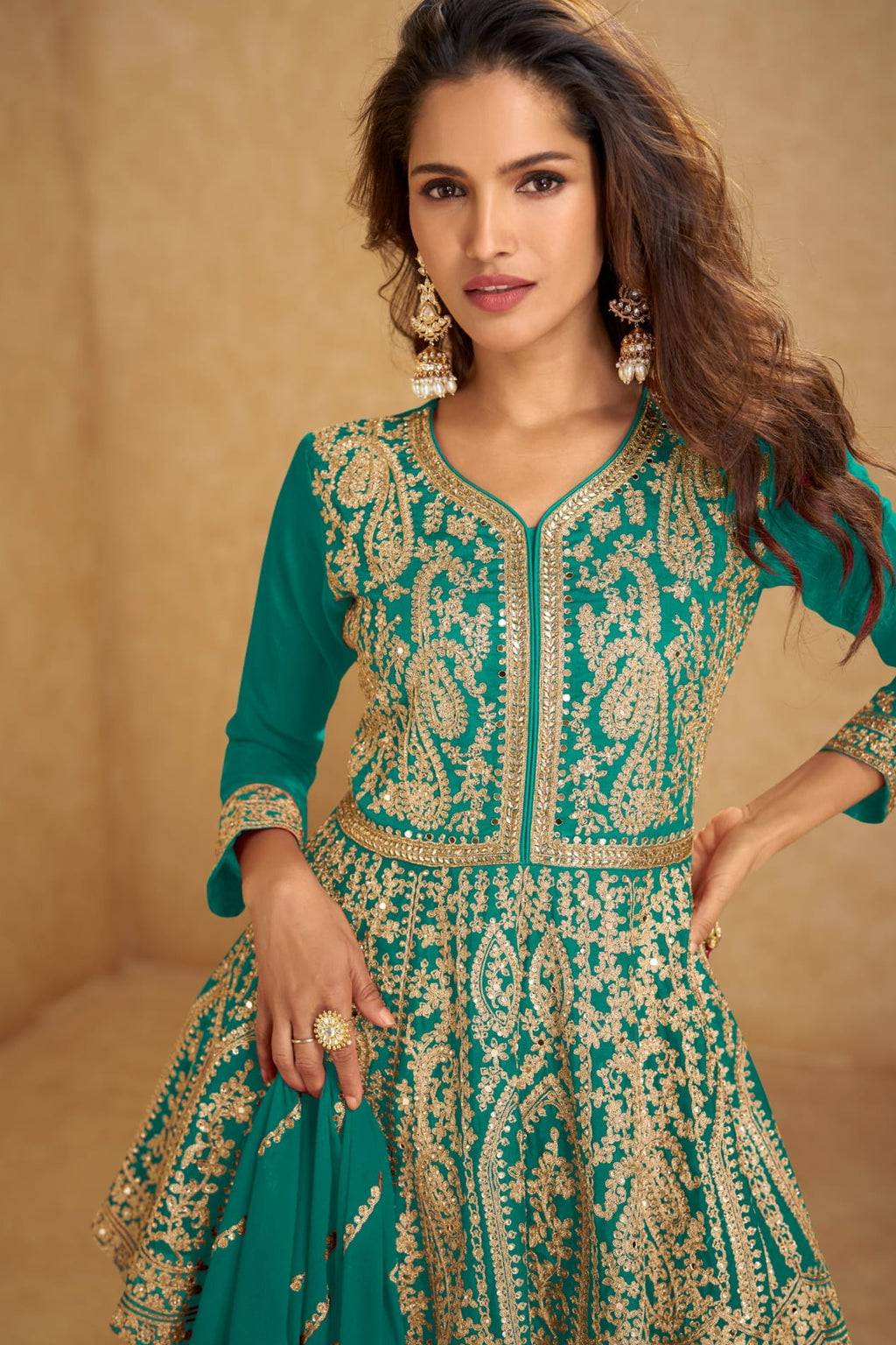 Emerald Green Chinon Silk Kameez With Skirt For Indian & Pakistani Wedding Festival - Embroidery Work, Real Mirror Work