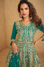Emerald Green Chinon Silk Kameez With Skirt For Indian & Pakistani Wedding Festival - Embroidery Work, Real Mirror Work