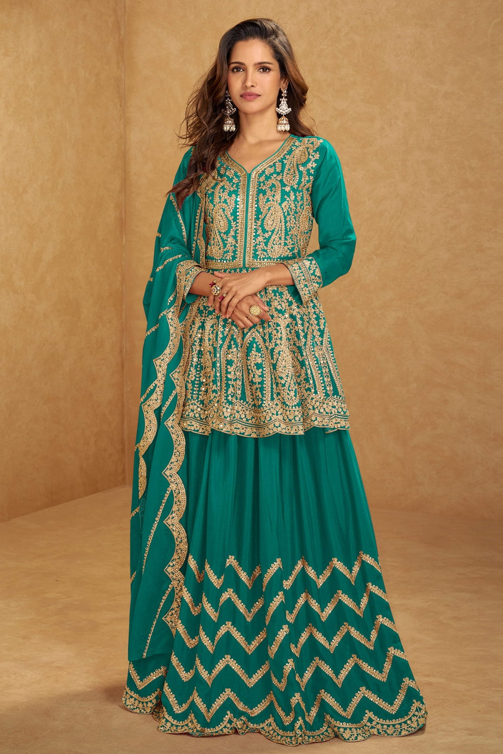 Emerald Green Chinon Silk Kameez With Skirt For Indian & Pakistani Wedding Festival - Embroidery Work, Real Mirror Work