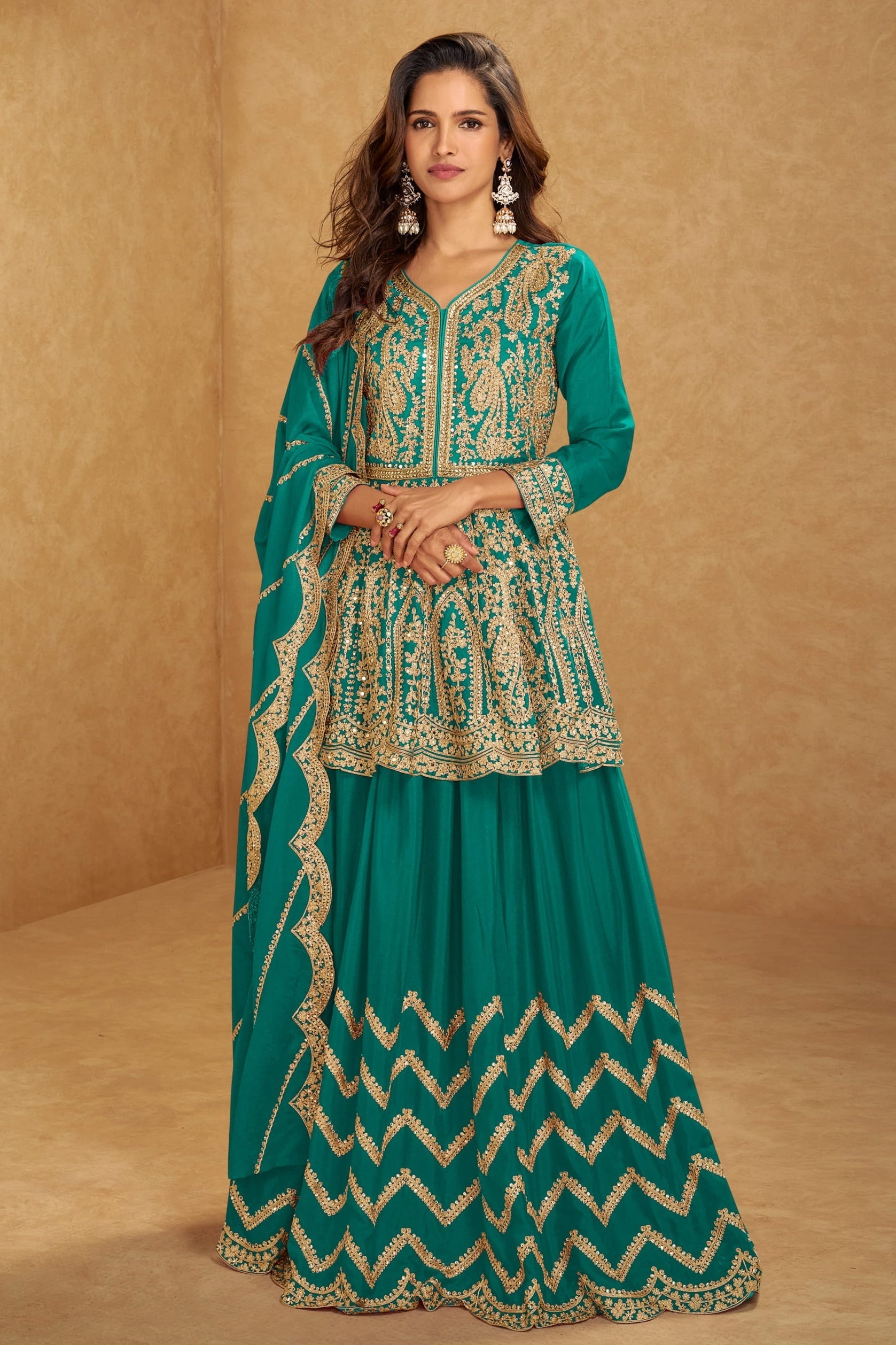 Emerald Green Chinon Silk Kameez With Skirt For Indian & Pakistani Wedding Festival - Embroidery Work, Real Mirror Work