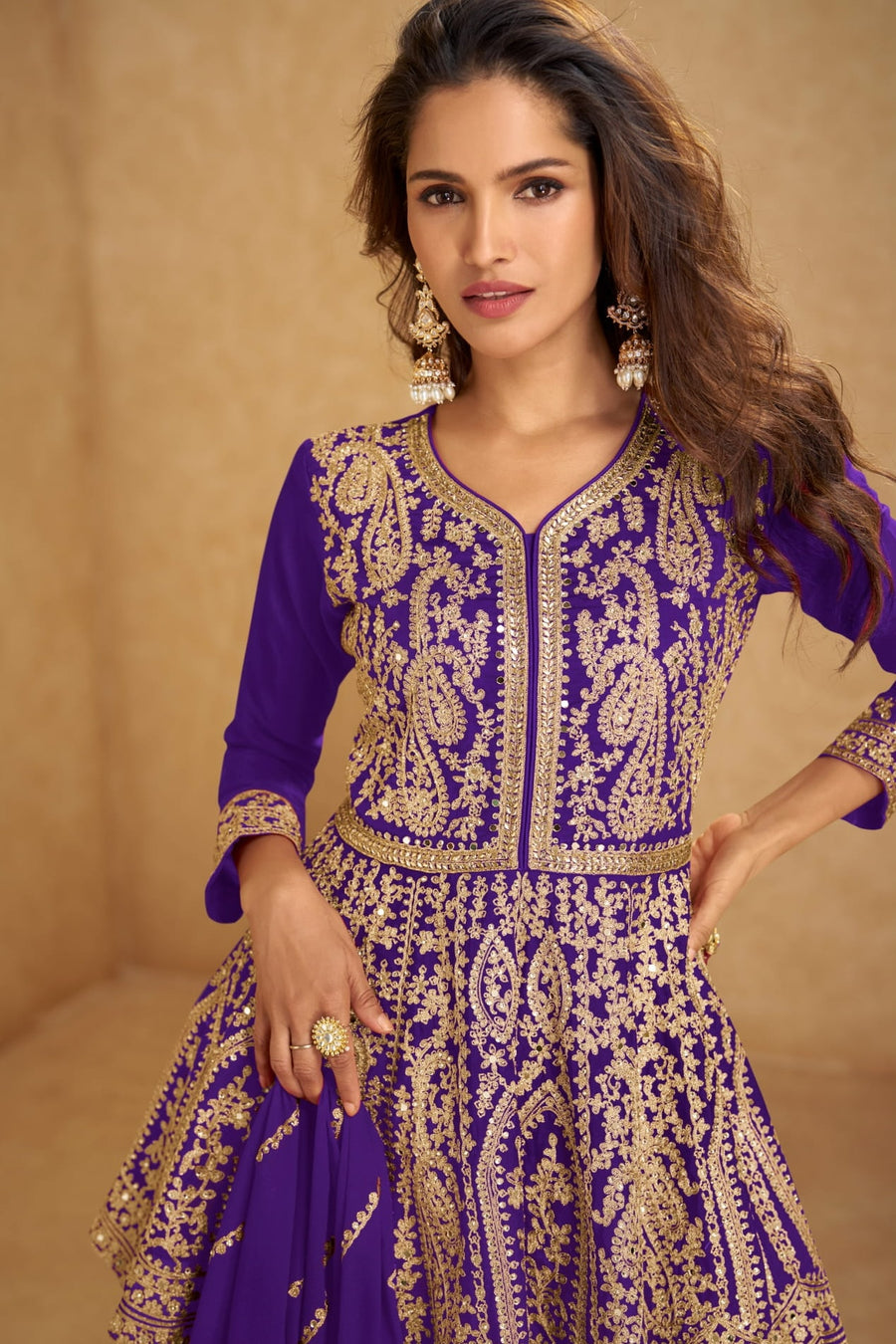 Purple Chinon Silk Kameez With Skirt For Indian & Pakistani Wedding Festival - Embroidery Work, Real Mirror Work