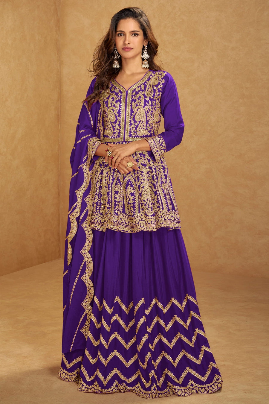 Purple Chinon Silk Kameez With Skirt For Indian & Pakistani Wedding Festival - Embroidery Work, Real Mirror Work