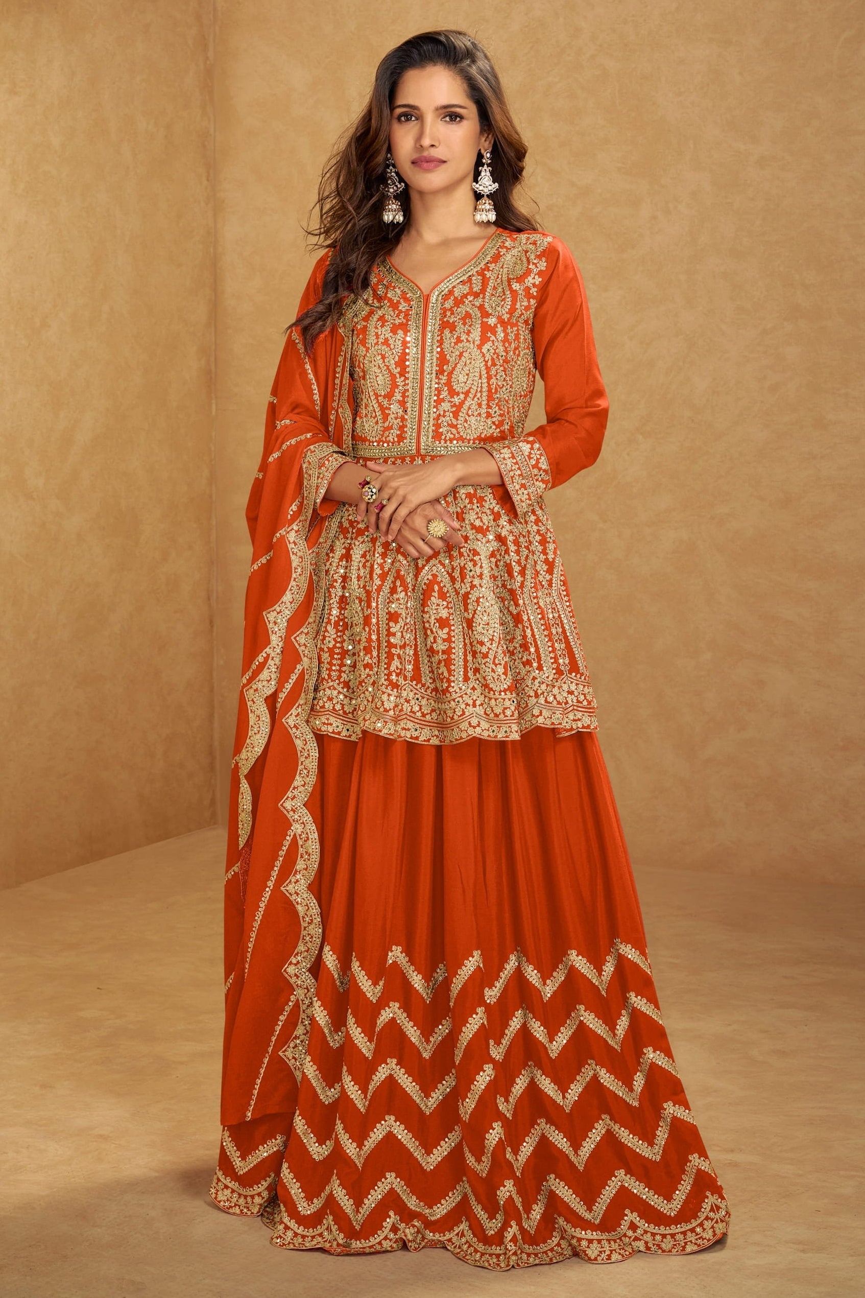 Orange Chinon Silk Kameez With Skirt For Indian & Pakistani Wedding Festival - Embroidery Work, Real Mirror Work