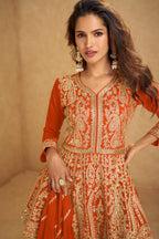 Orange Chinon Silk Kameez With Skirt For Indian & Pakistani Wedding Festival - Embroidery Work, Real Mirror Work