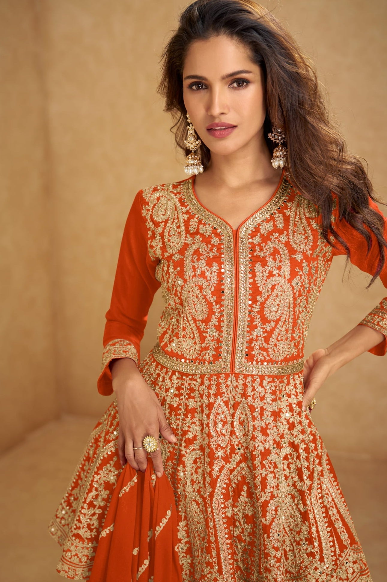Orange Chinon Silk Kameez With Skirt For Indian & Pakistani Wedding Festival - Embroidery Work, Real Mirror Work
