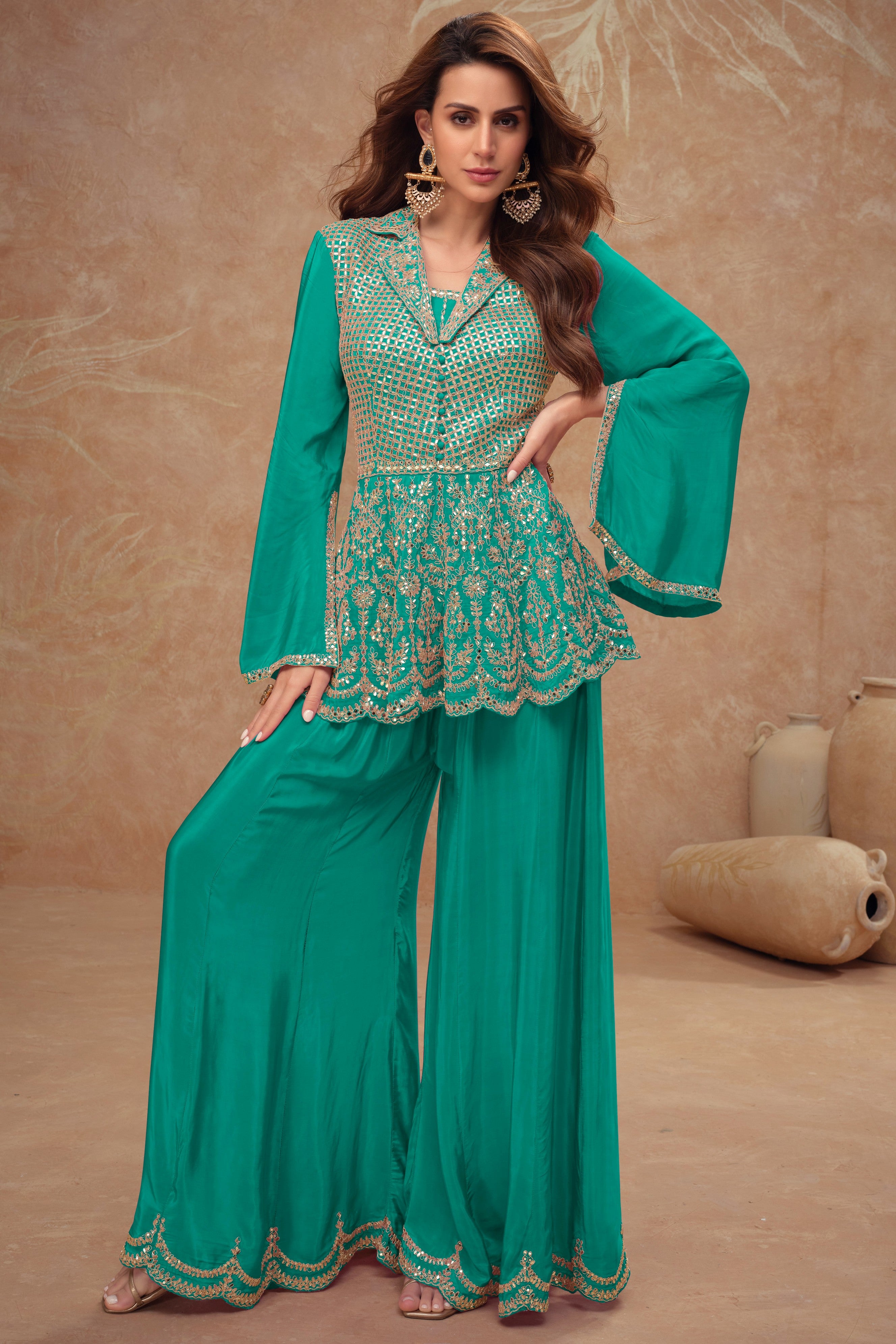 Turquoise Chinon Silk Plazo Suit For Indian Weddings & Pakitani Festivals - Embroidery Work