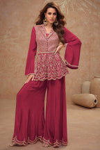 Red Chinon Silk Plazo Suit For Indian Weddings & Pakitani Festivals - Embroidery Work