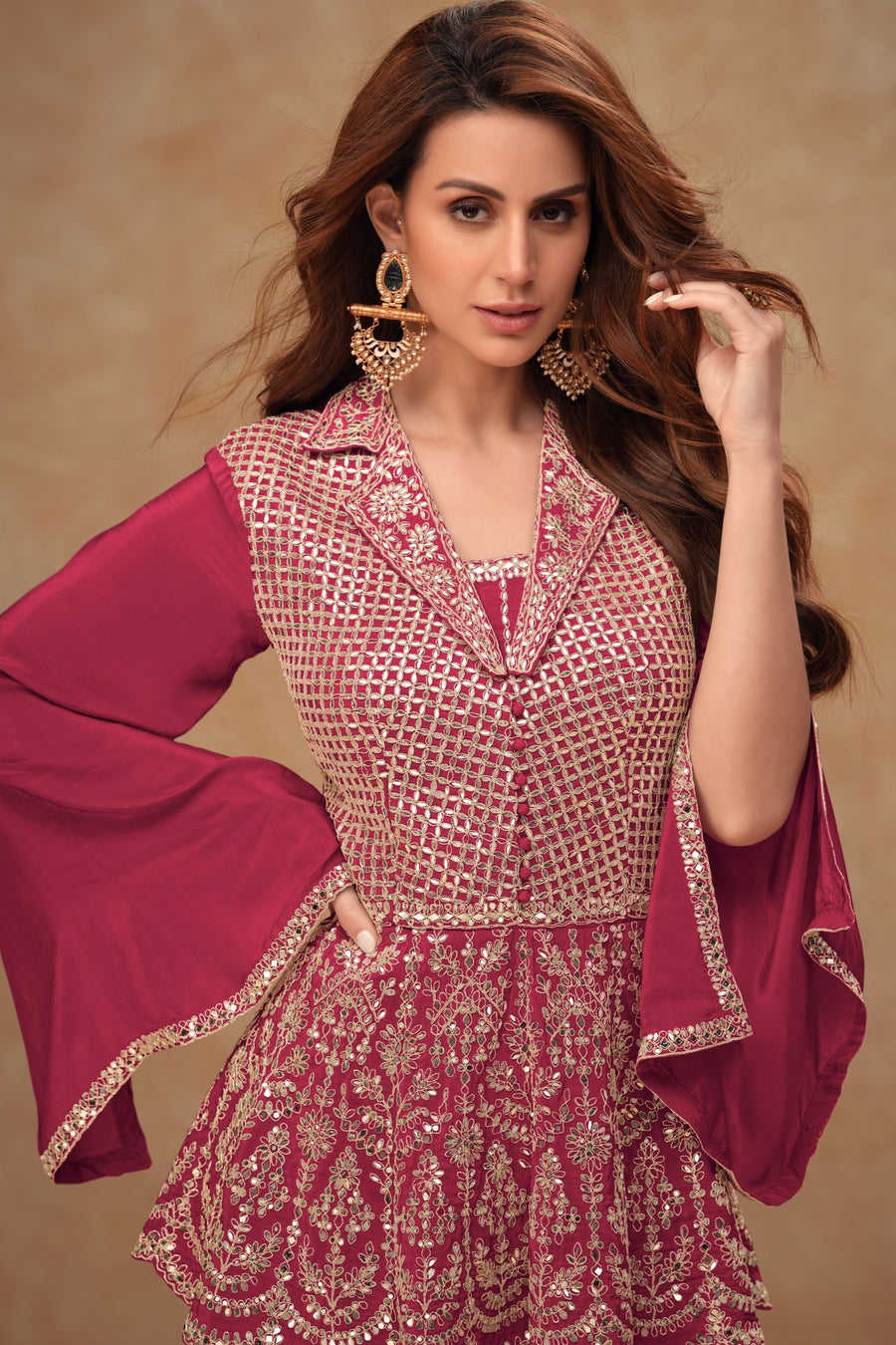 Red Chinon Silk Plazo Suit For Indian Weddings & Pakitani Festivals - Embroidery Work