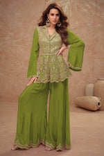 Olive Green Chinon Silk Plazo Suit For Indian Weddings & Pakitani Festivals - Embroidery Work