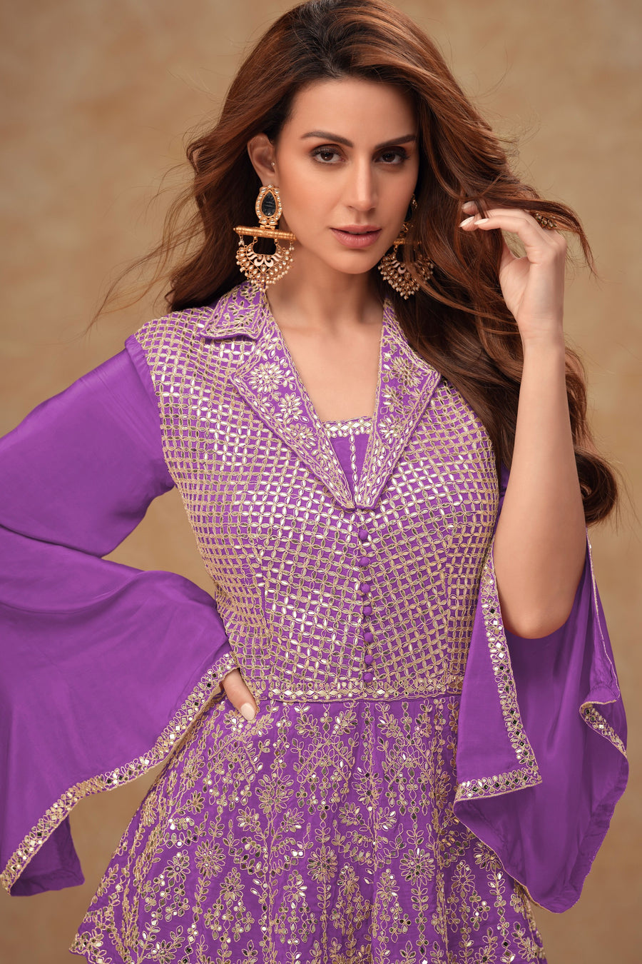 Purple Chinon Silk Plazo Suit For Indian Weddings & Pakitani Festivals - Embroidery Work