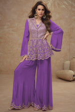 Purple Chinon Silk Plazo Suit For Indian Weddings & Pakitani Festivals - Embroidery Work
