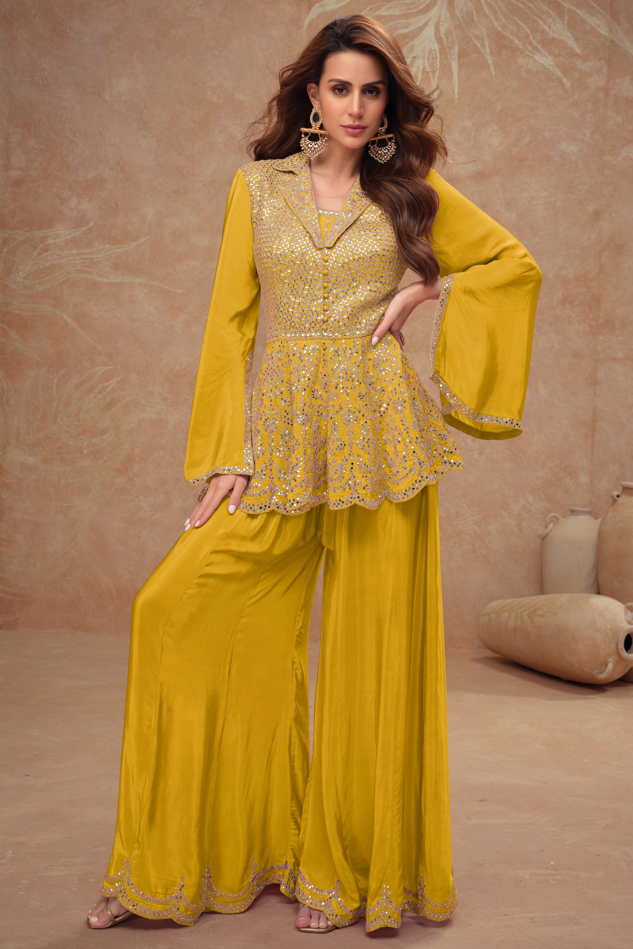 Mustard Yellow Chinon Silk Plazo Suit For Indian Weddings & Pakitani Festivals - Embroidery Work