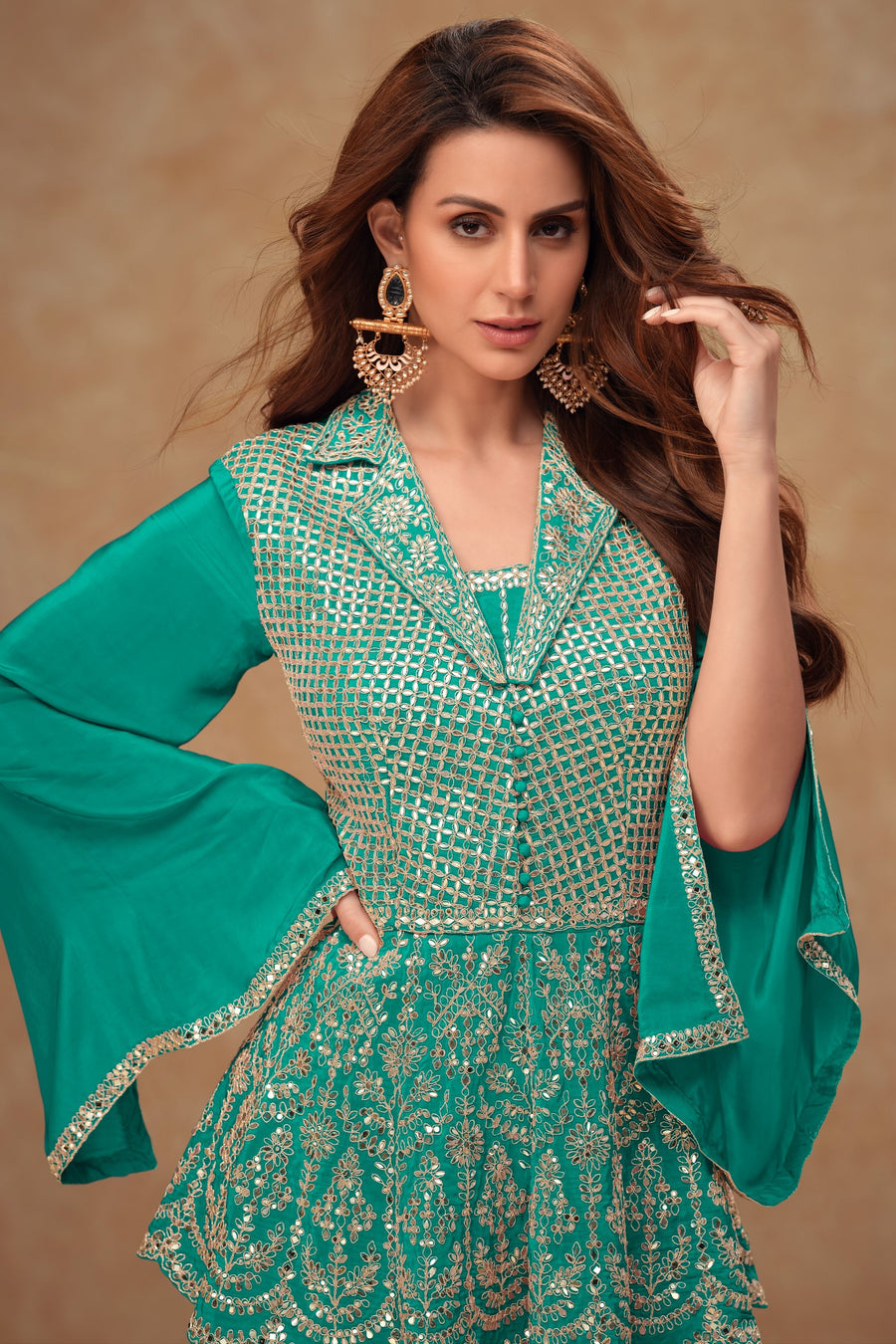 Turquoise Chinon Silk Plazo Suit For Indian Weddings & Pakitani Festivals - Embroidery Work
