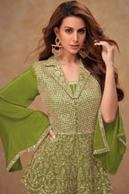 Olive Green Chinon Silk Plazo Suit For Indian Weddings & Pakitani Festivals - Embroidery Work