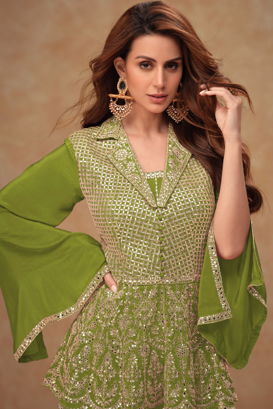 Olive Green Chinon Silk Plazo Suit For Indian Weddings & Pakitani Festivals - Embroidery Work