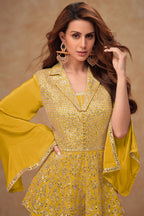 Mustard Yellow Chinon Silk Plazo Suit For Indian Weddings & Pakitani Festivals - Embroidery Work
