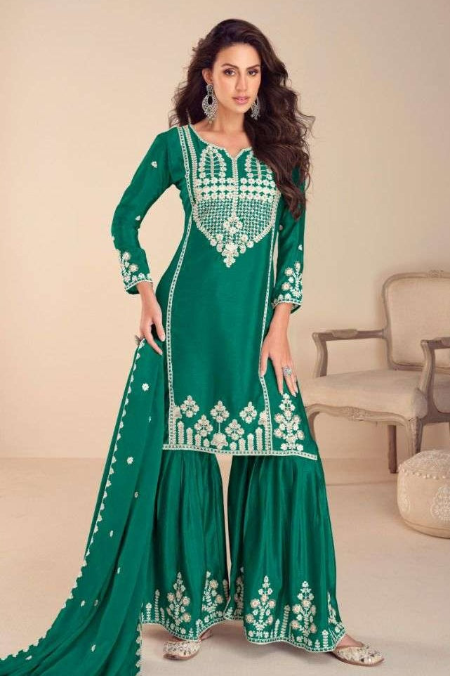 Emerald Green Chinon Silk Sharara Suit For Indian & Pakistani Wedding Festival - Embroidery Work, Khatli Work
