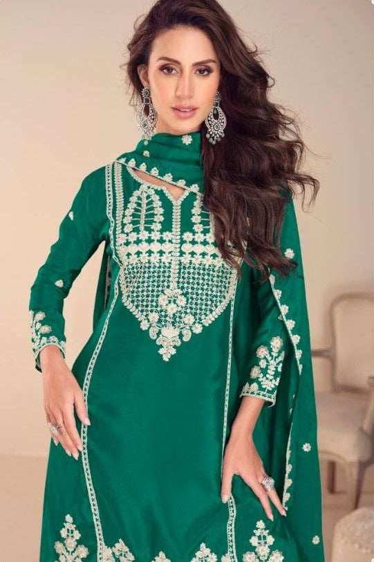 Emerald Green Chinon Silk Sharara Suit For Indian & Pakistani Wedding Festival - Embroidery Work, Khatli Work