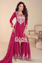Magenta Chinon Silk Sharara Suit For Indian & Pakistani Wedding Festival - Embroidery Work, Khatli Work