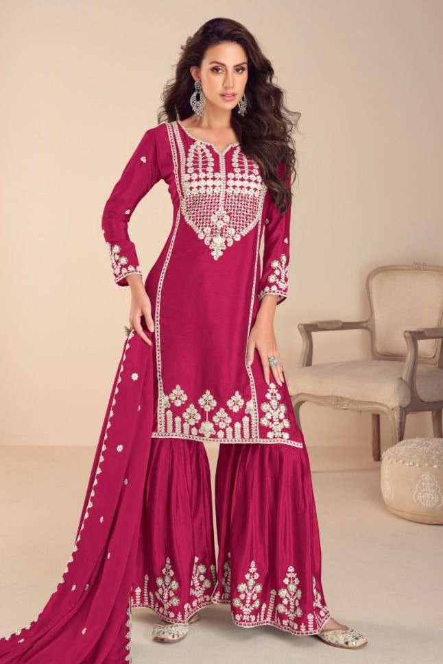 Magenta Chinon Silk Sharara Suit For Indian & Pakistani Wedding Festival - Embroidery Work, Khatli Work
