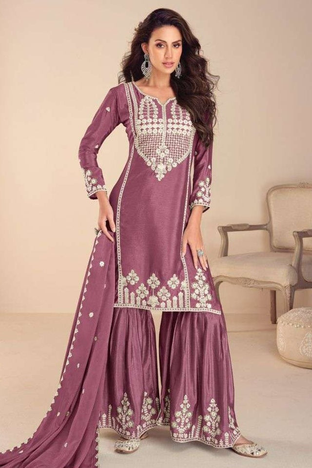 Purple Chinon Silk Sharara Suit For Indian & Pakistani Wedding Festival - Embroidery Work, Khatli Work