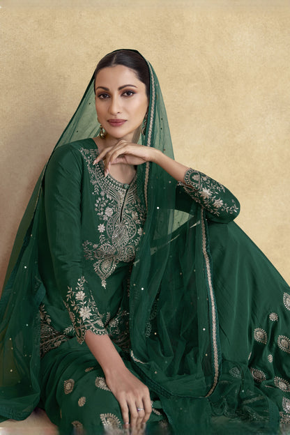 Green Chinon Silk Palazzo Suit For Wedding & Festival - Embroidery Work