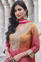 Reddish Pink Simar Silk Palazzo Suit For Indian Festivals & Weddings - Embroidery Work, Print Work