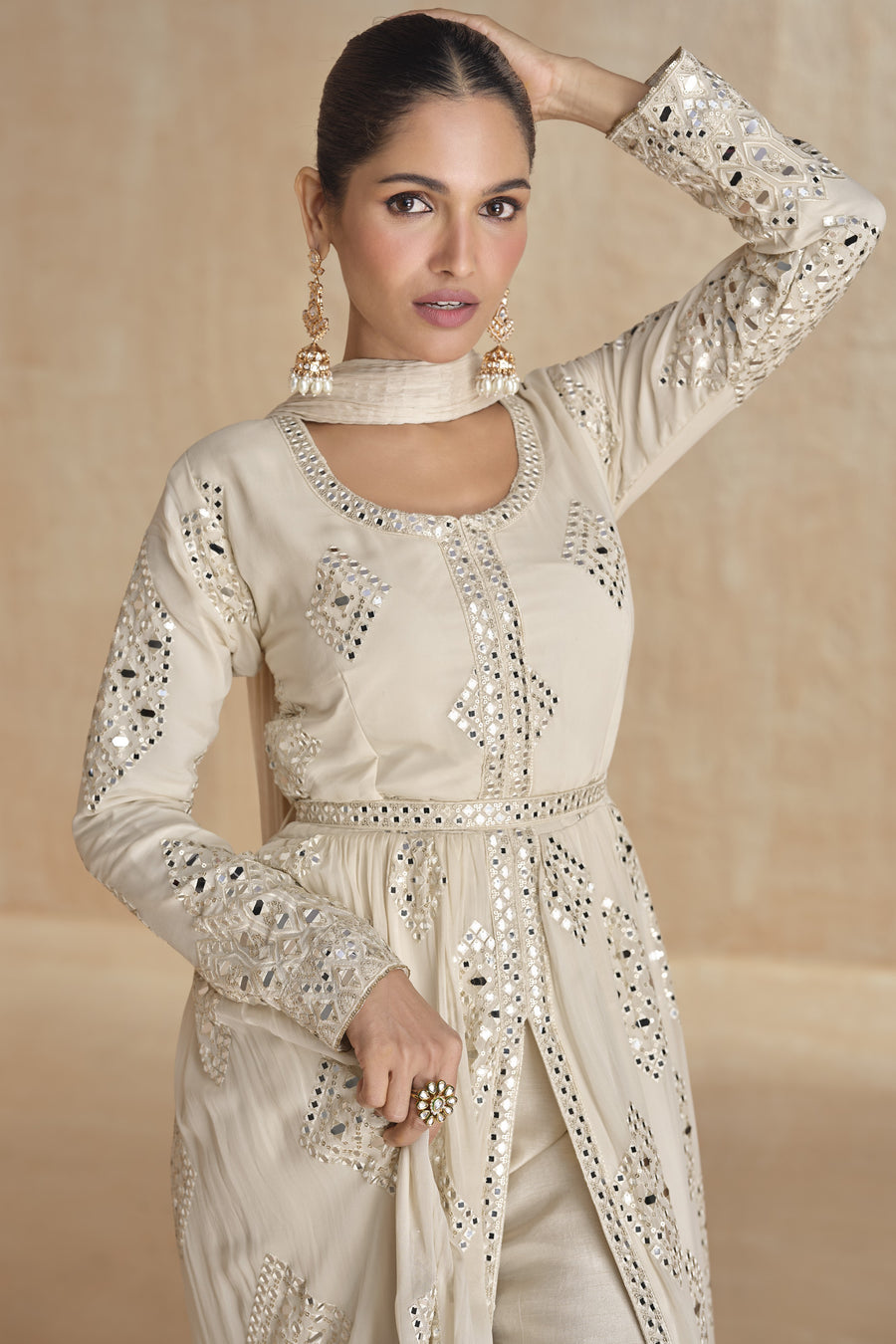 Cream Georgette Georgette Long Anarkali Suit with Front Slit For Indian Festivals & Pakistani Weddings Dress - Embroidery Work