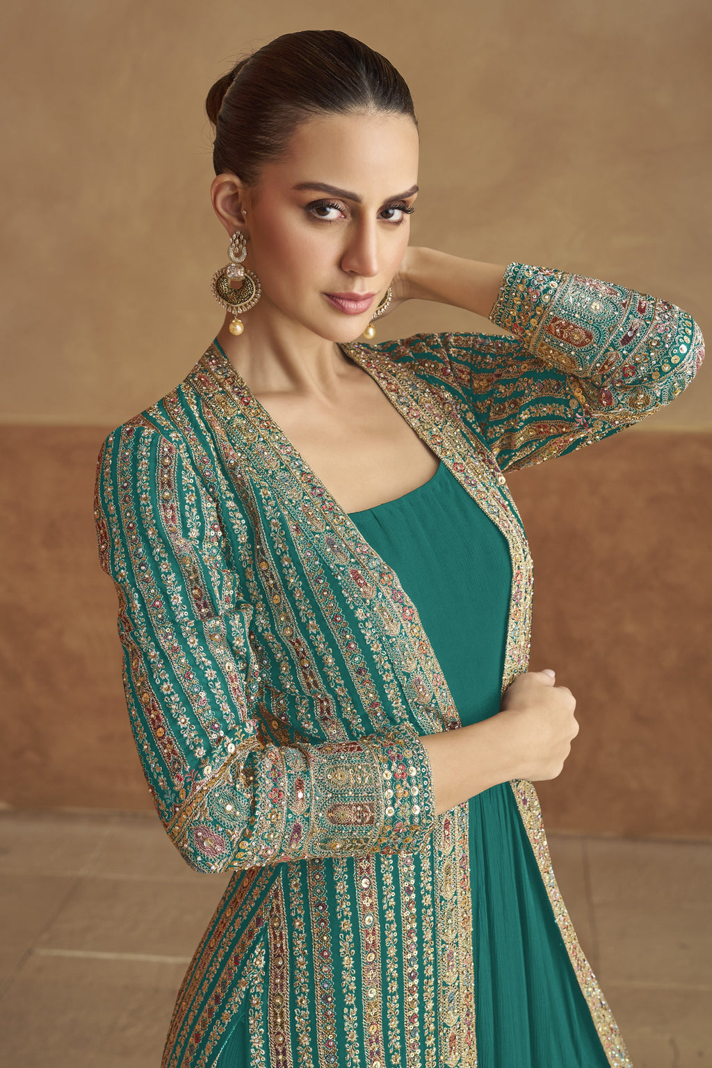 Peacock Blue Georgette Gown with Jacket & Belt For Indian Festivals & Weddings - Embroidery Work