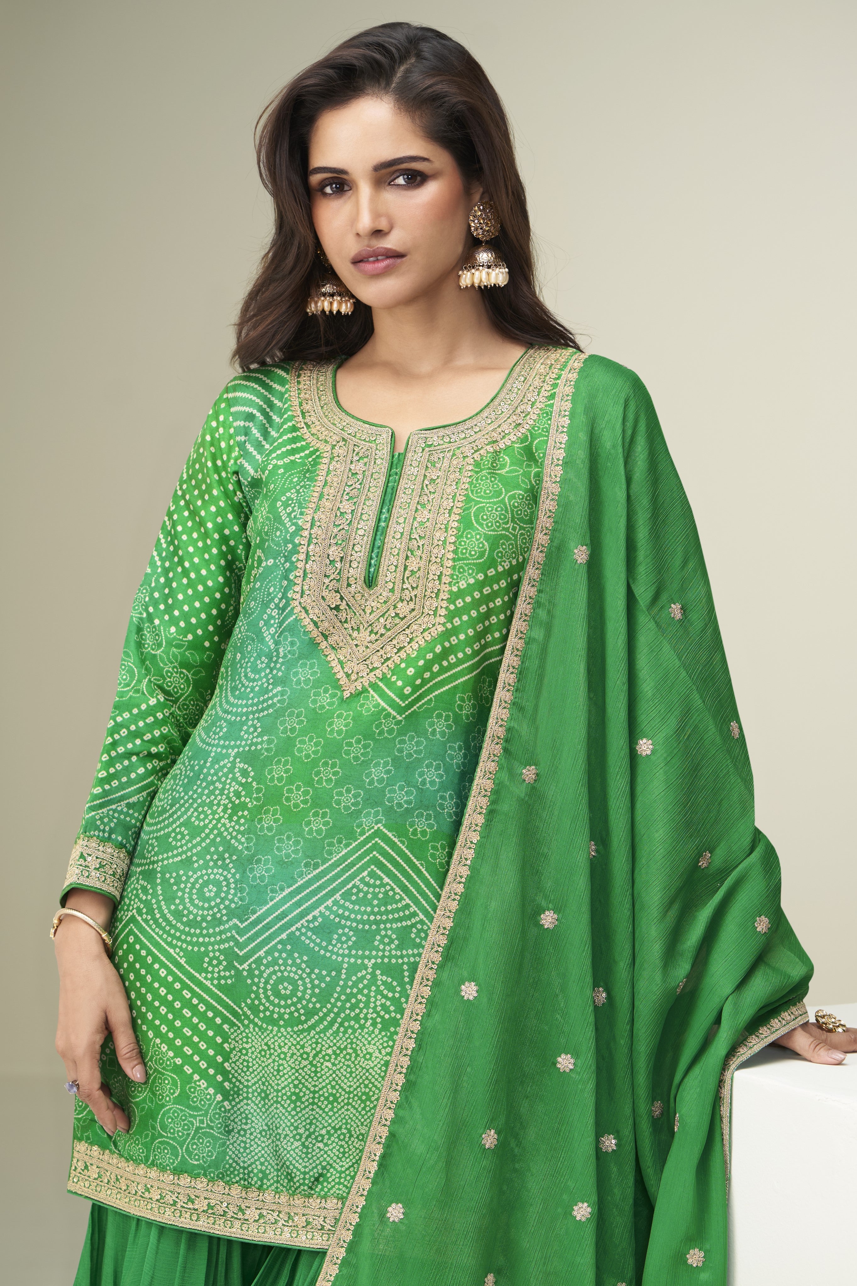Green Chinon Silk Plazo Suit For Indian & Pakistani Wedding Festival - Embroidery Work, Print Work